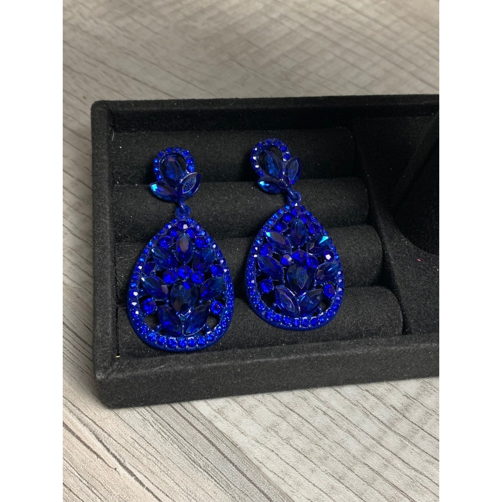 Royal Blue Crystal Teardrop Dangle Earrings Statement Pageant Formal Jewelry